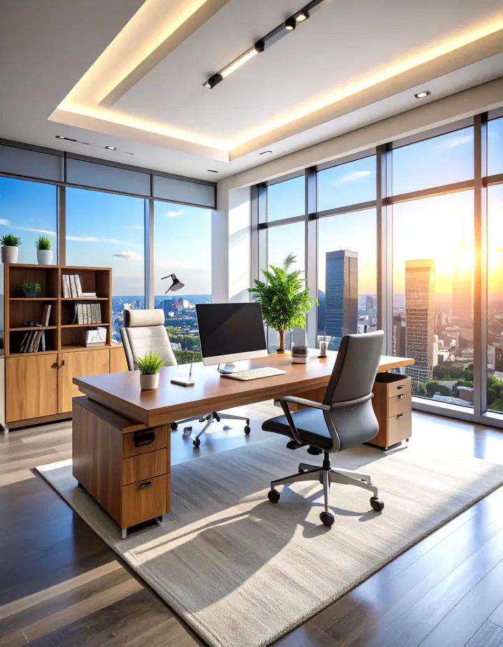 A modern office with a desk, chair and floor-to-ceiling windows overlooking a city skyline